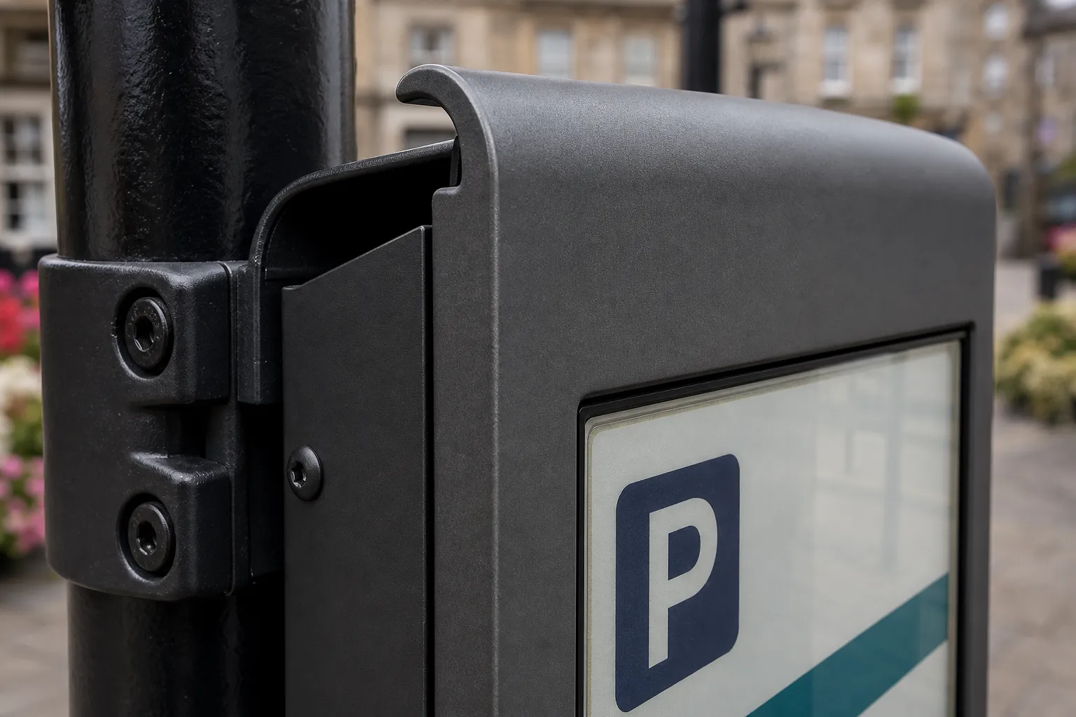 Close-up of a Chroma Digital colour e-ink sign enclosure, showing the rugged weatherproof housing and mounting bracket.