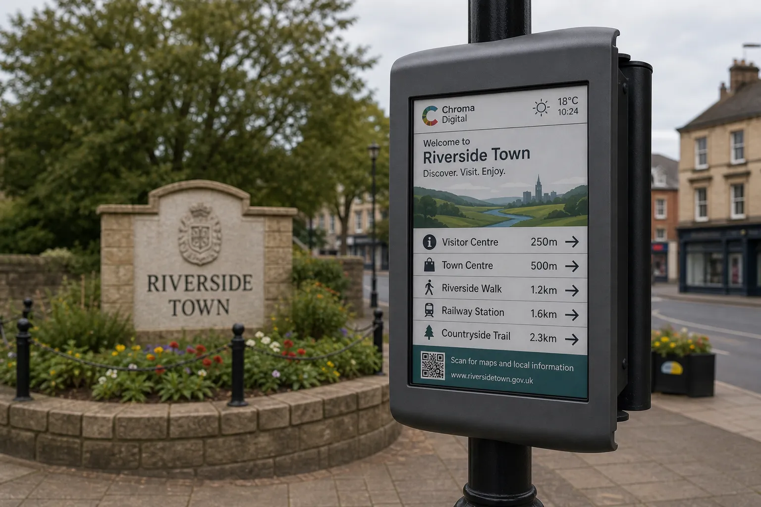 Chroma Digital colour e-ink public information sign welcoming visitors to a town