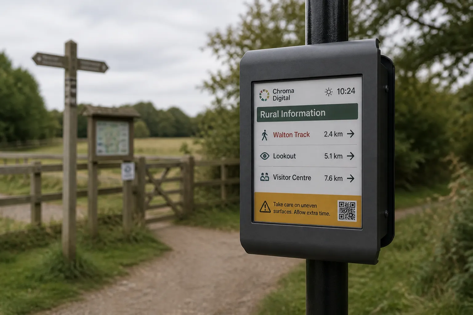 Chroma Digital colour e-ink rural information sign with trail and wayfinding distances